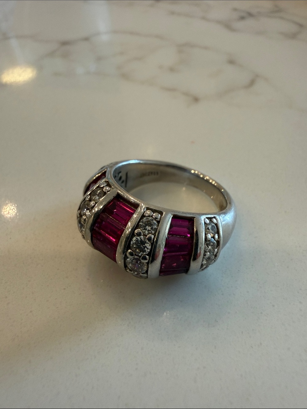 Jean Dousset Sterling silver ring with CZs and red/pink crystal, size 7